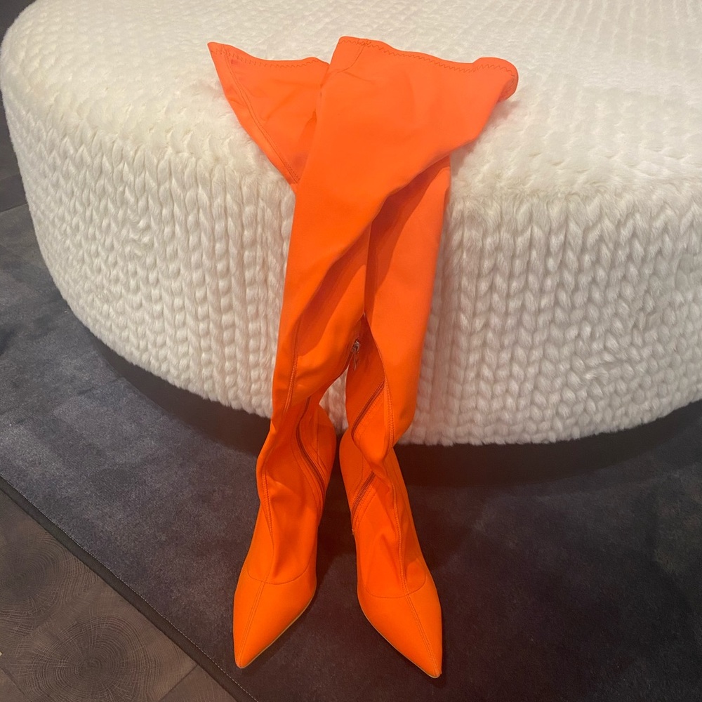 Orange thigh-high stretchy boots size 9.5
